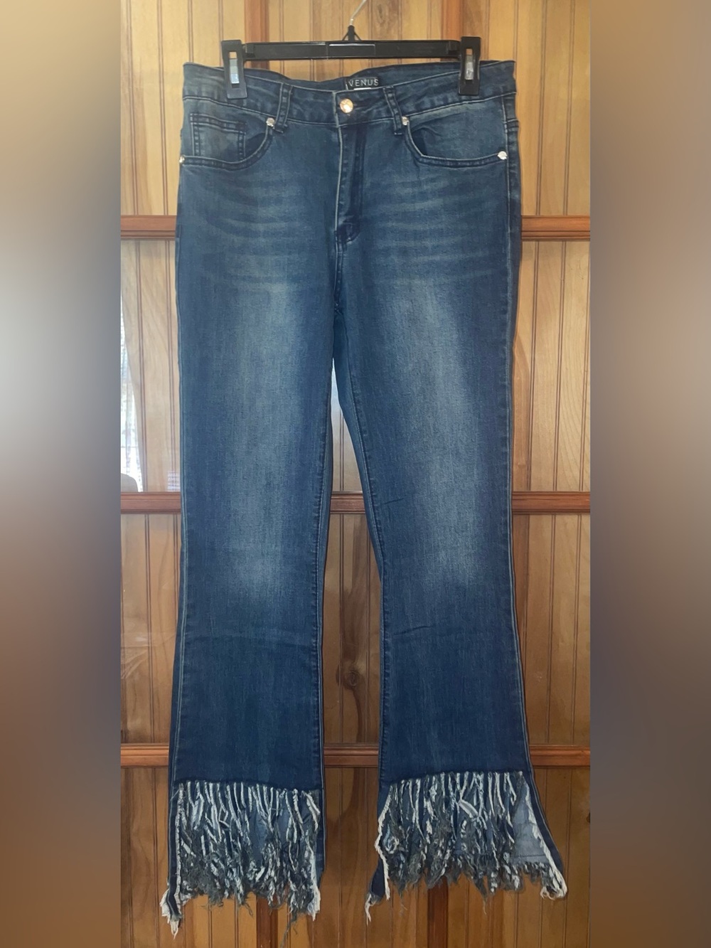 VENUS Dark Blue Flare Jeans with Fringe Hem